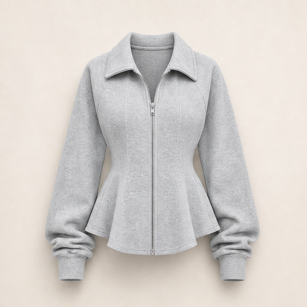 Waistelle – Corset-Seam Peplum Zip-Up Jacket with Puff Sleeves + 50% OFF Grey