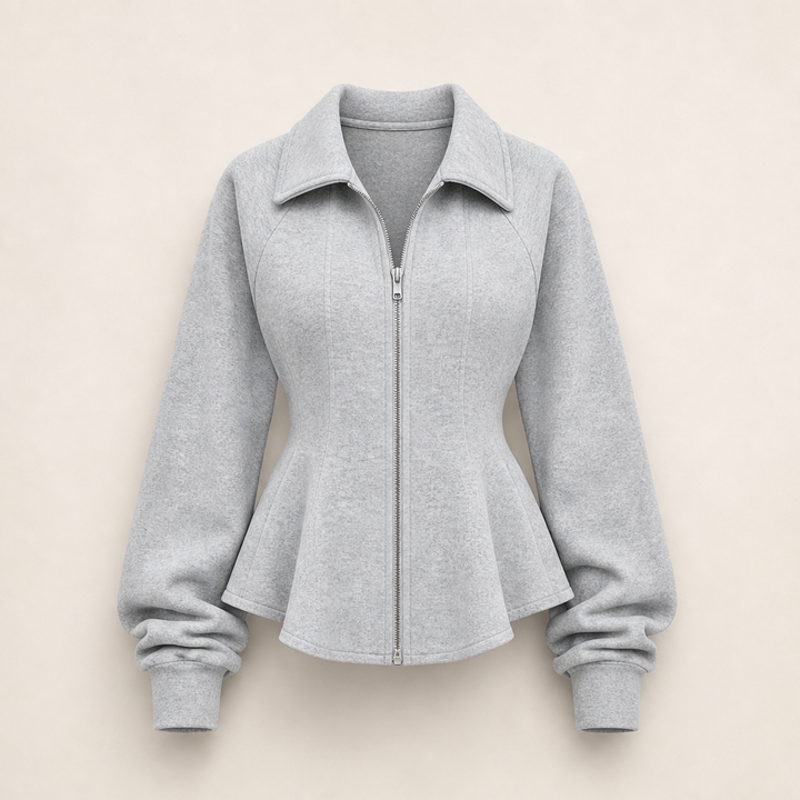 Waistelle – Corset-Seam Peplum Zip-Up Jacket with Puff Sleeves + 50% OFF Grey