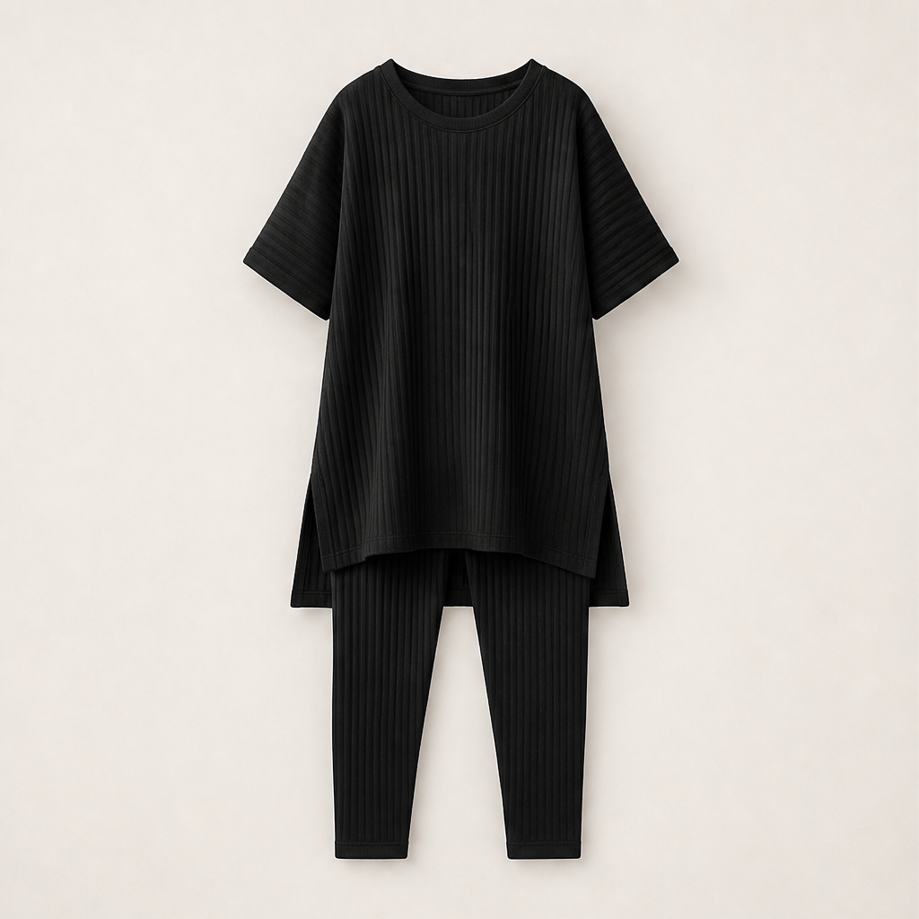 Ribleigh – Oversized Rib-Knit Top &amp; Trouser Two-Piece Set + 50% OFF Black