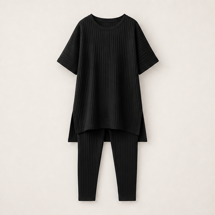 Ribleigh – Oversized Rib-Knit Top &amp; Trouser Two-Piece Set + 50% OFF Black