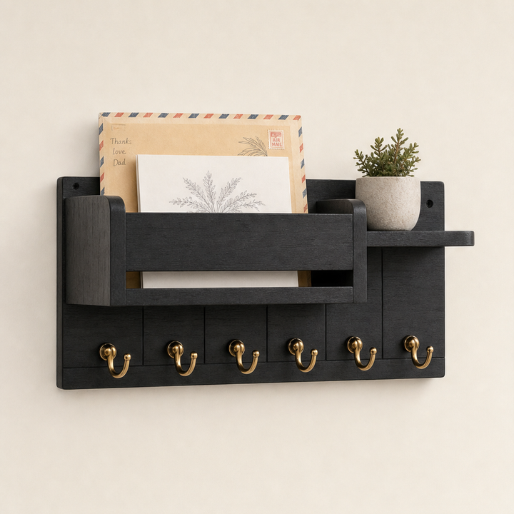 Oakhollow – Solid Wood Entryway Organizer with Key Hooks and Shelf + 50% OFF Black