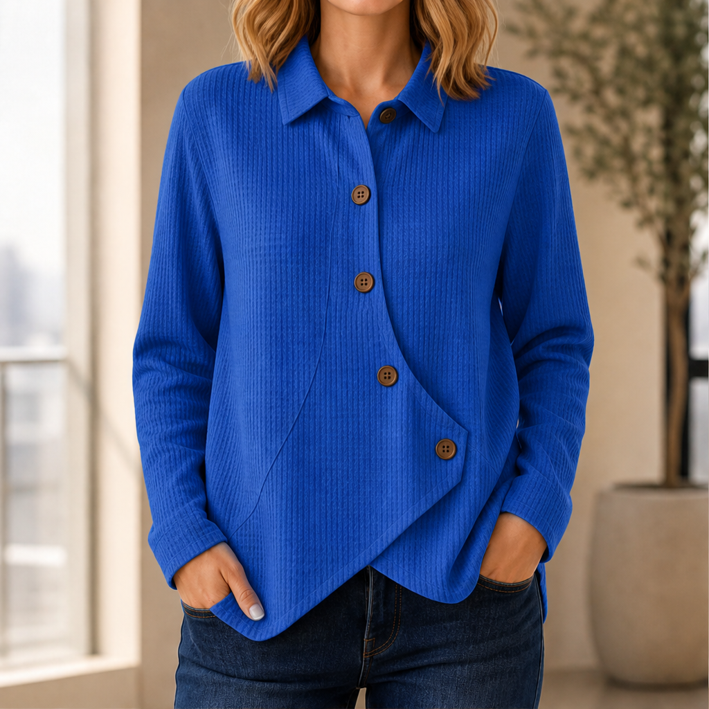 Willowick – Crossover Hem Waffle Knit Button Top + 50% OFF Blue