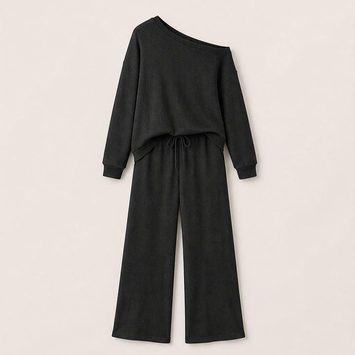 Cambrelle – Off-Shoulder Ribbed Knit Top &amp; Wide-Leg Pants Loungewear Set + 50% OFF