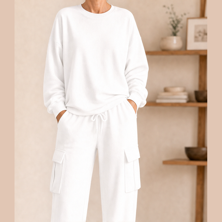 Willowdrift – Soft Knit Crew Top &amp; Cargo Jogger Matching Set + 50% OFF White