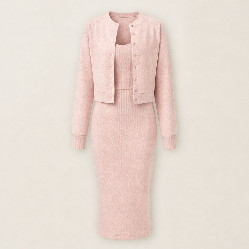 Ambrette – Ribbed Bodycon Dress &amp; Cropped Jacket Two-Piece Set + 50% OFF Pink