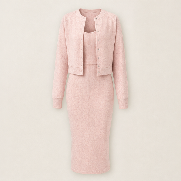 Ambrette – Ribbed Bodycon Dress &amp; Cropped Jacket Two-Piece Set + 50% OFF Pink