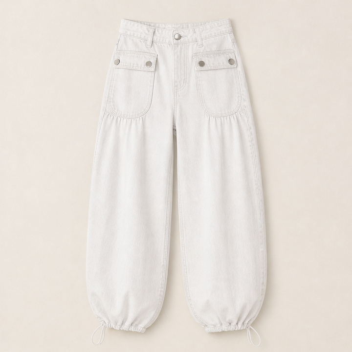 Millrow – Adjustable-Cuff High-Waist Balloon Jeans + 50% OFF White