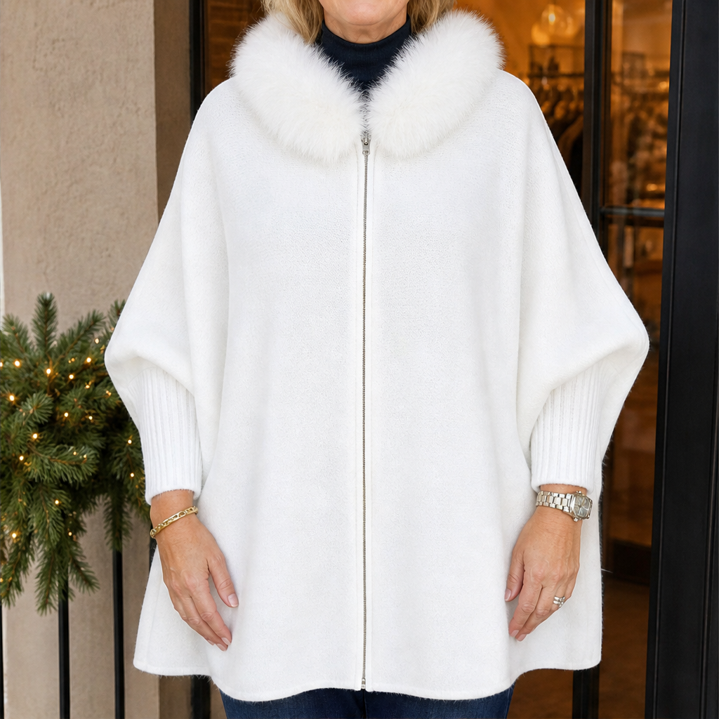 Vailfur – Faux Fox Fur Collar Cozy Cape Poncho + 50% OFF White