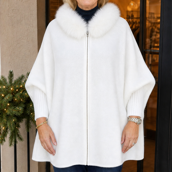 Vailfur – Faux Fox Fur Collar Cozy Cape Poncho + 50% OFF White