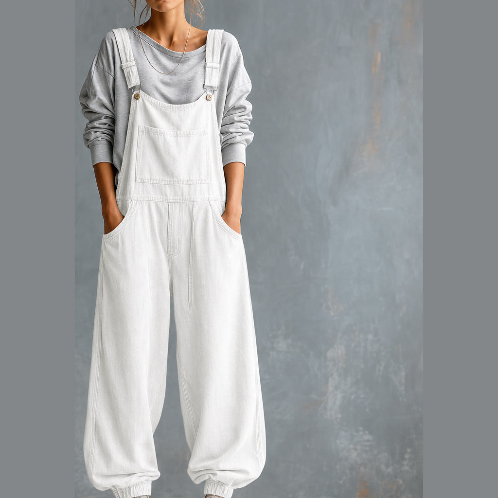 Wanderloom – Oversized Adjustable-Strap Washed Denim Overalls + 50% OFF White