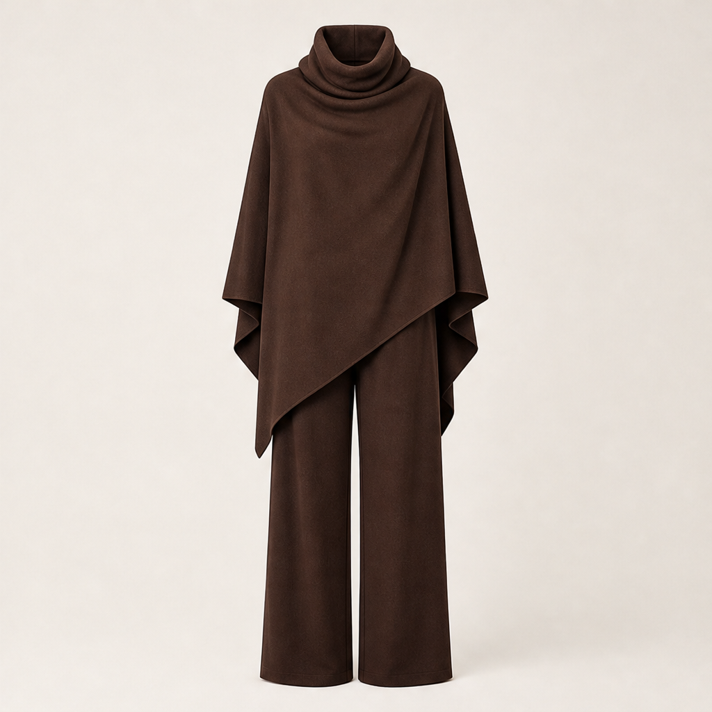 Draperie – Draped Turtleneck Cape &amp; Wide-Leg Pants Set + 50% OFF Brown