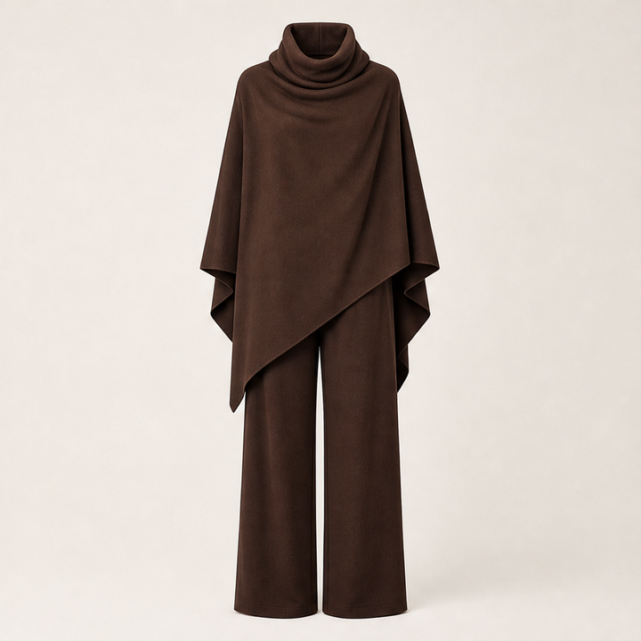 Draperie – Draped Turtleneck Cape &amp; Wide-Leg Pants Set + 50% OFF Brown