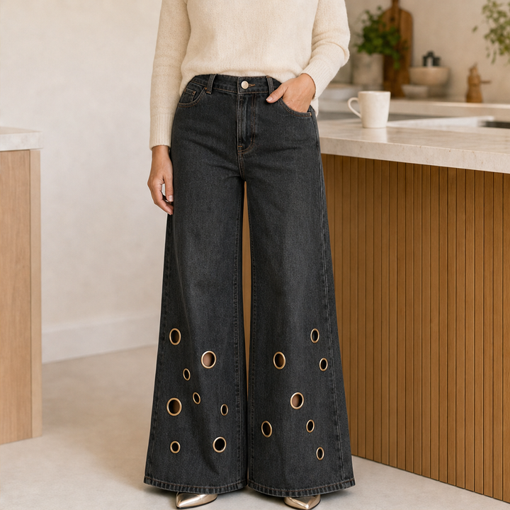 Marlowick – Vintage Wide-Leg Jeans with Gold Eyelet Detail + 50% OFF Black
