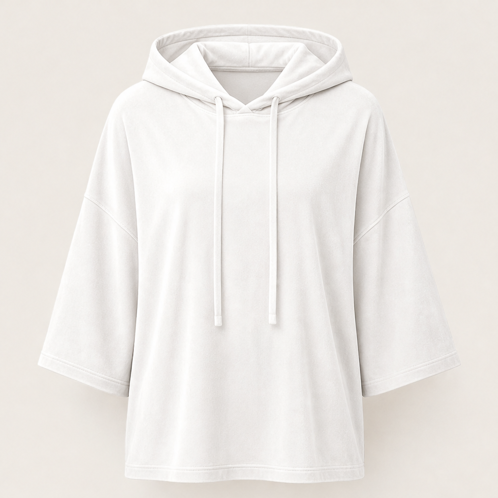 Plushwick – Oversized Velour Drawstring Hoodie with 3/4 Sleeves + 50% OFF White