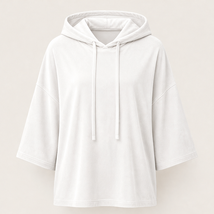 Plushwick – Oversized Velour Drawstring Hoodie with 3/4 Sleeves + 50% OFF White