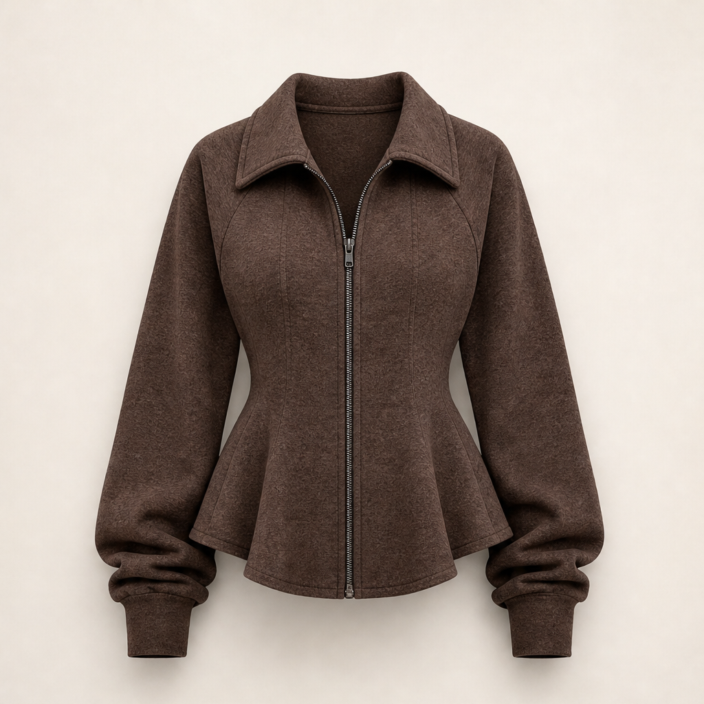 Waistelle – Corset-Seam Peplum Zip-Up Jacket with Puff Sleeves + 50% OFF Brown