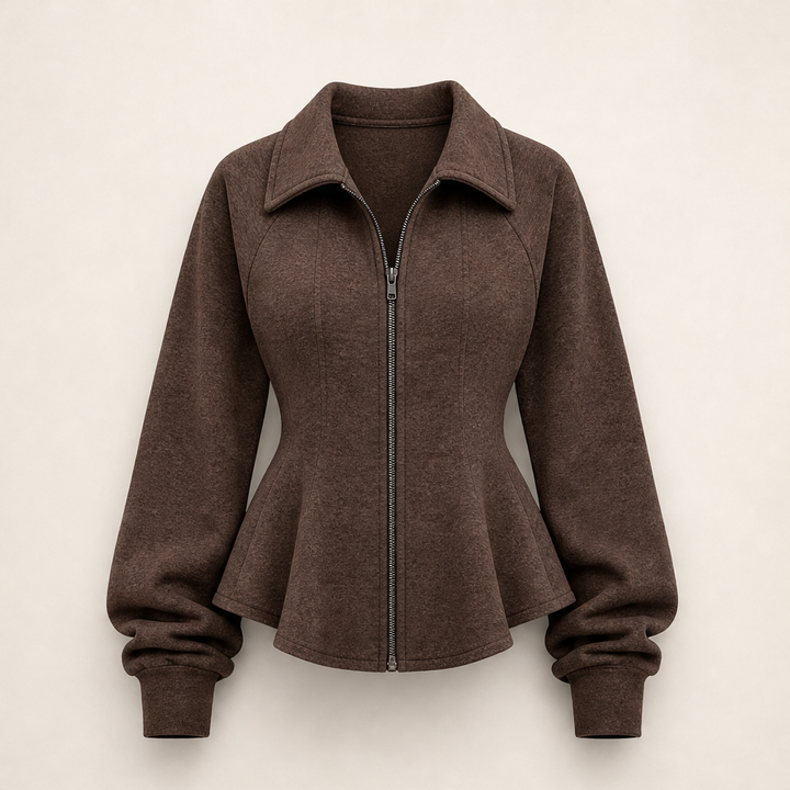 Waistelle – Corset-Seam Peplum Zip-Up Jacket with Puff Sleeves + 50% OFF Brown