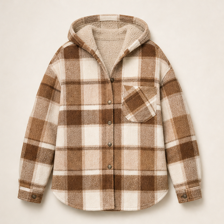 Hearthfold – Cozy Plaid Sherpa-Lined Hooded Jacket + 50% OFF Brown