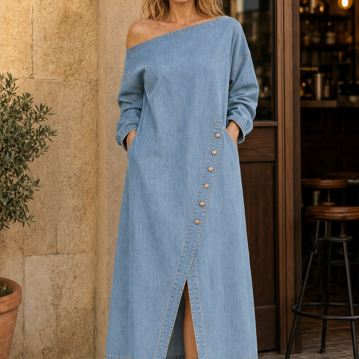 Willowdusk – Off-Shoulder Side-Slit Denim Maxi Dress + 50% OFF Light Denim
