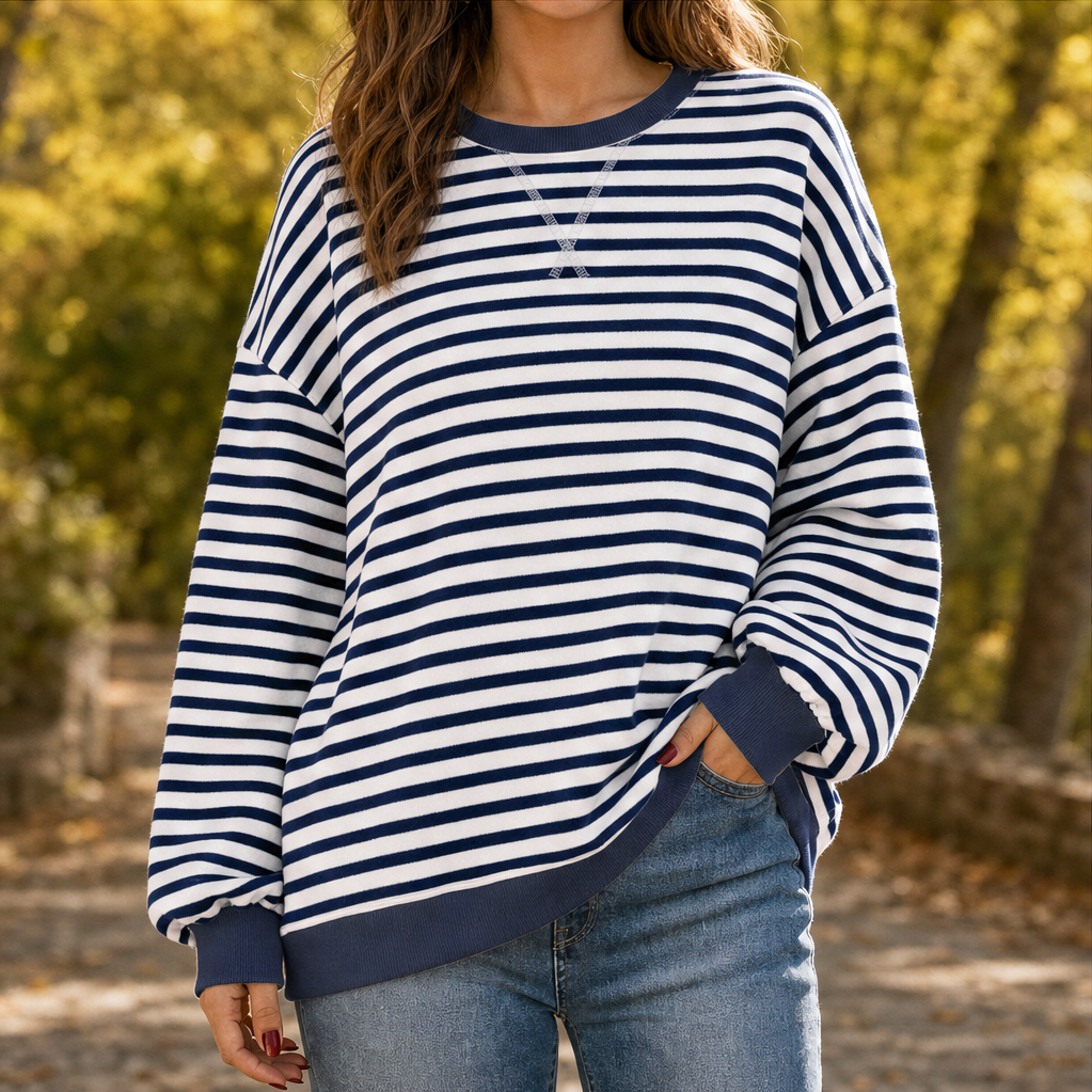 Cozelle – Striped Lantern-Sleeve Oversized Pullover Sweatshirt + 50% OFF Navy/White Stripe
