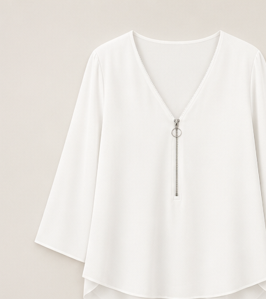 Silkaven – Double-Layer Zipper V-Neck Flowy Chiffon Top + 50% OFF White
