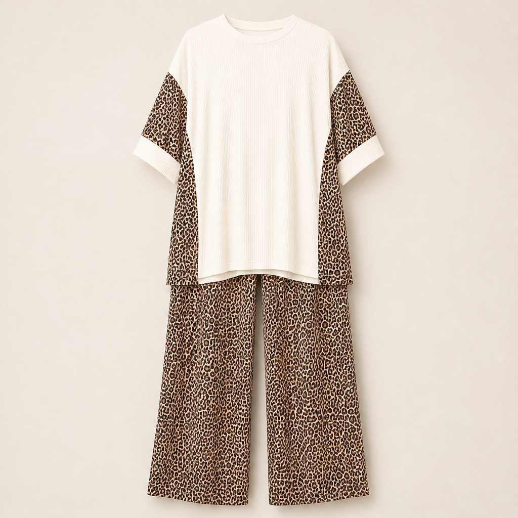 Fauxpelle – Oversized Tunic &amp; Wide-Leg Pants Leopard Two-Piece Set + 50% OFF Beige