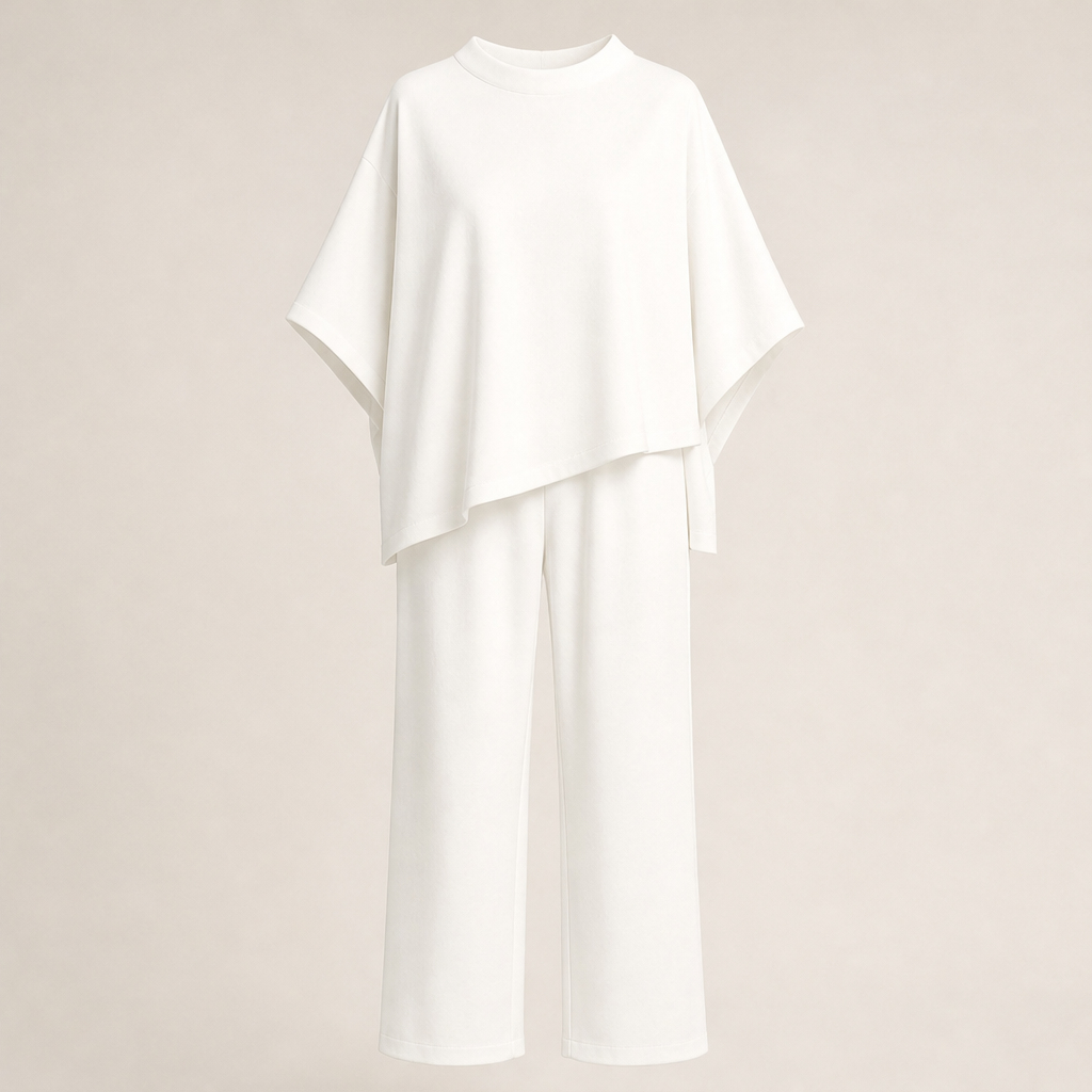 Calmora – Batwing Capelet Top and Wide Leg Pants Set + 50% OFF White