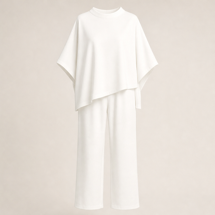 Calmora – Batwing Capelet Top and Wide Leg Pants Set + 50% OFF White