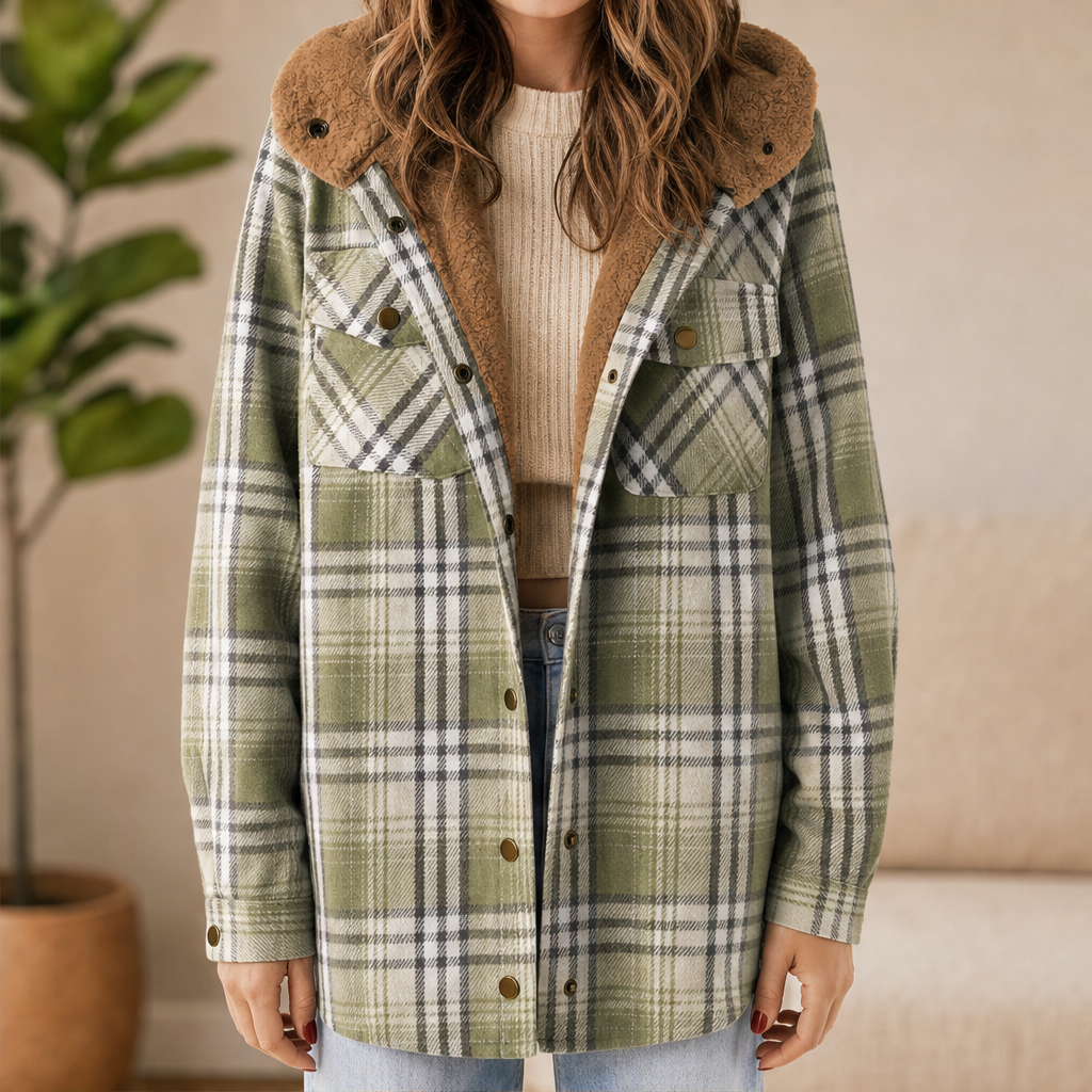 Wrenfield – Sherpa-Hood Thickened Flannel Plaid Shirt Jacket + 50% OFF Green Plaid