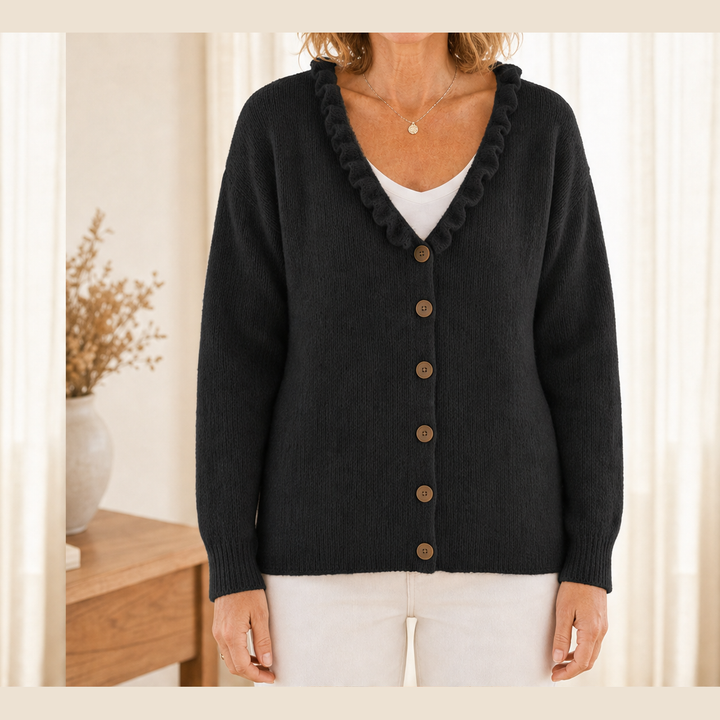 Cozelle – Ruffle Collar Soft Knit Button-Down Cardigan + 50% OFF Black