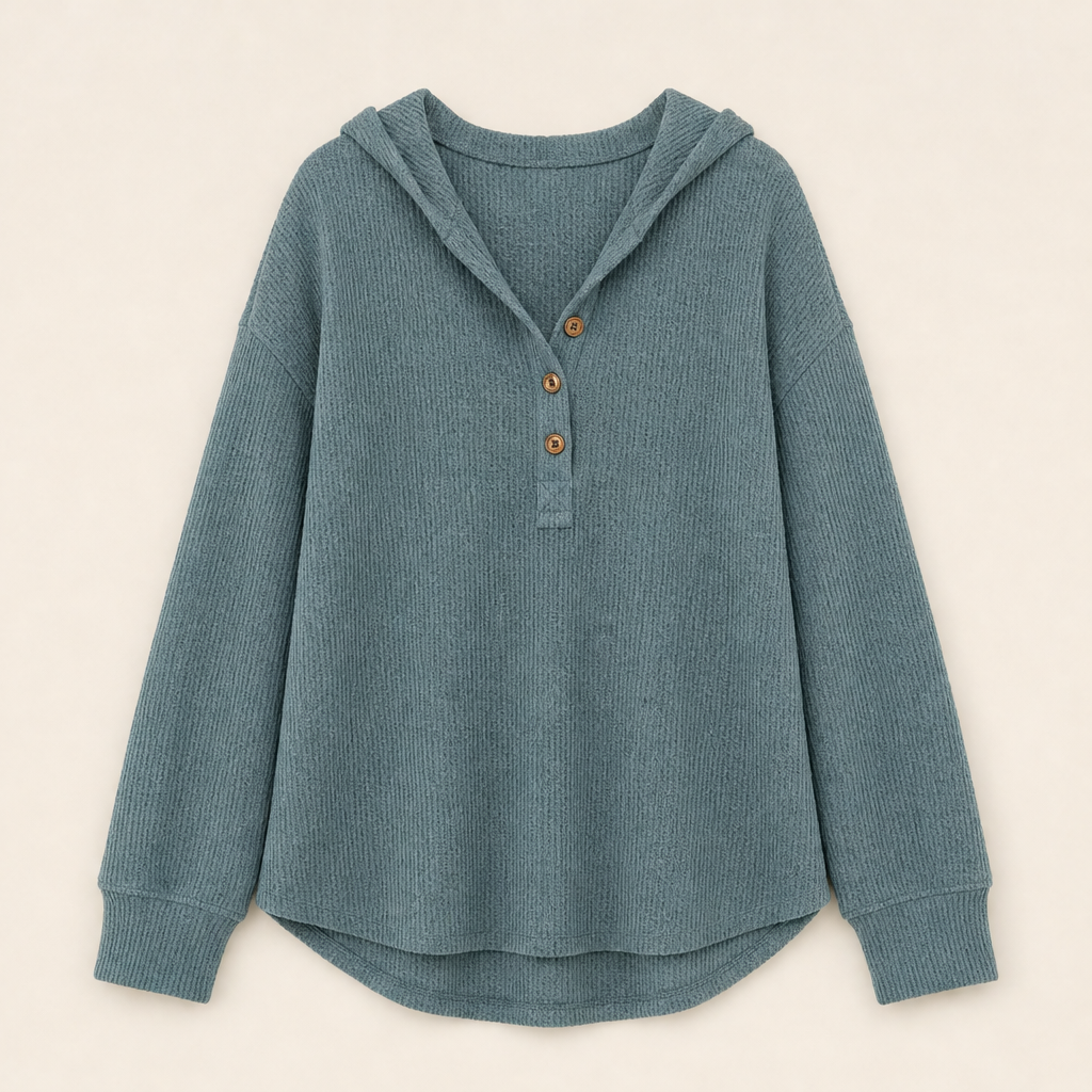 Warmholm – Waffle Knit Henley Hoodie Top + 50% OFF Teal