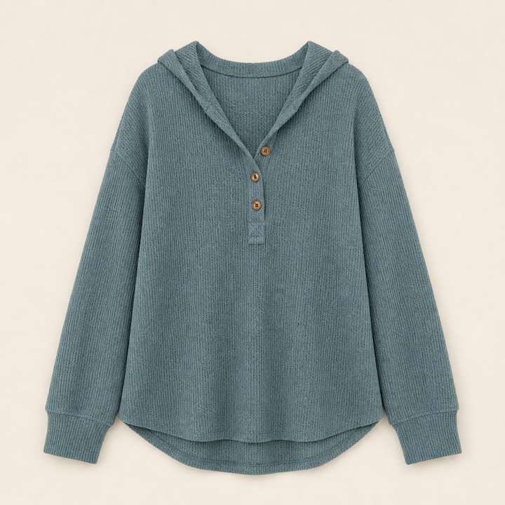 Warmholm – Waffle Knit Henley Hoodie Top + 50% OFF Teal