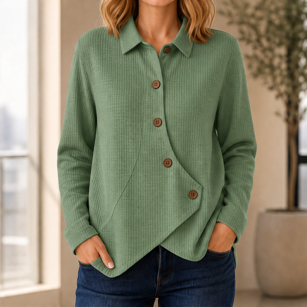 Willowick – Crossover Hem Waffle Knit Button Top + 50% OFF Green