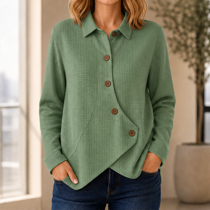 Willowick – Crossover Hem Waffle Knit Button Top + 50% OFF Green