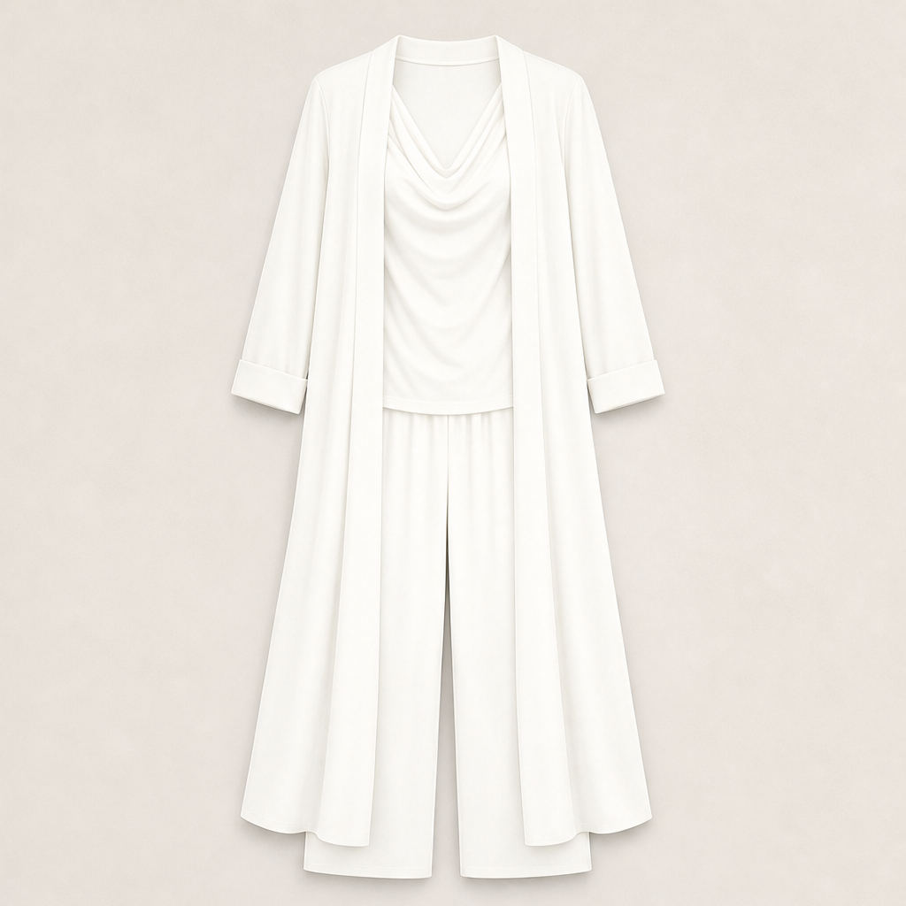Cowlden – Draped Cowl Top, Wide-Leg Pants &amp; Long Cardigan 3-Piece Set + 50% OFF White