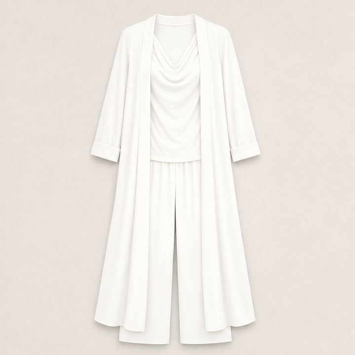 Cowlden – Draped Cowl Top, Wide-Leg Pants &amp; Long Cardigan 3-Piece Set + 50% OFF White
