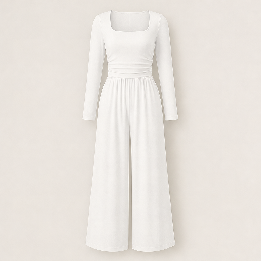 Verawide – Square-Neck Ruched-Waist Wide-Leg Jumpsuit + 50% OFF White