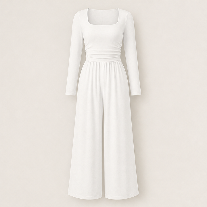 Verawide – Square-Neck Ruched-Waist Wide-Leg Jumpsuit + 50% OFF White