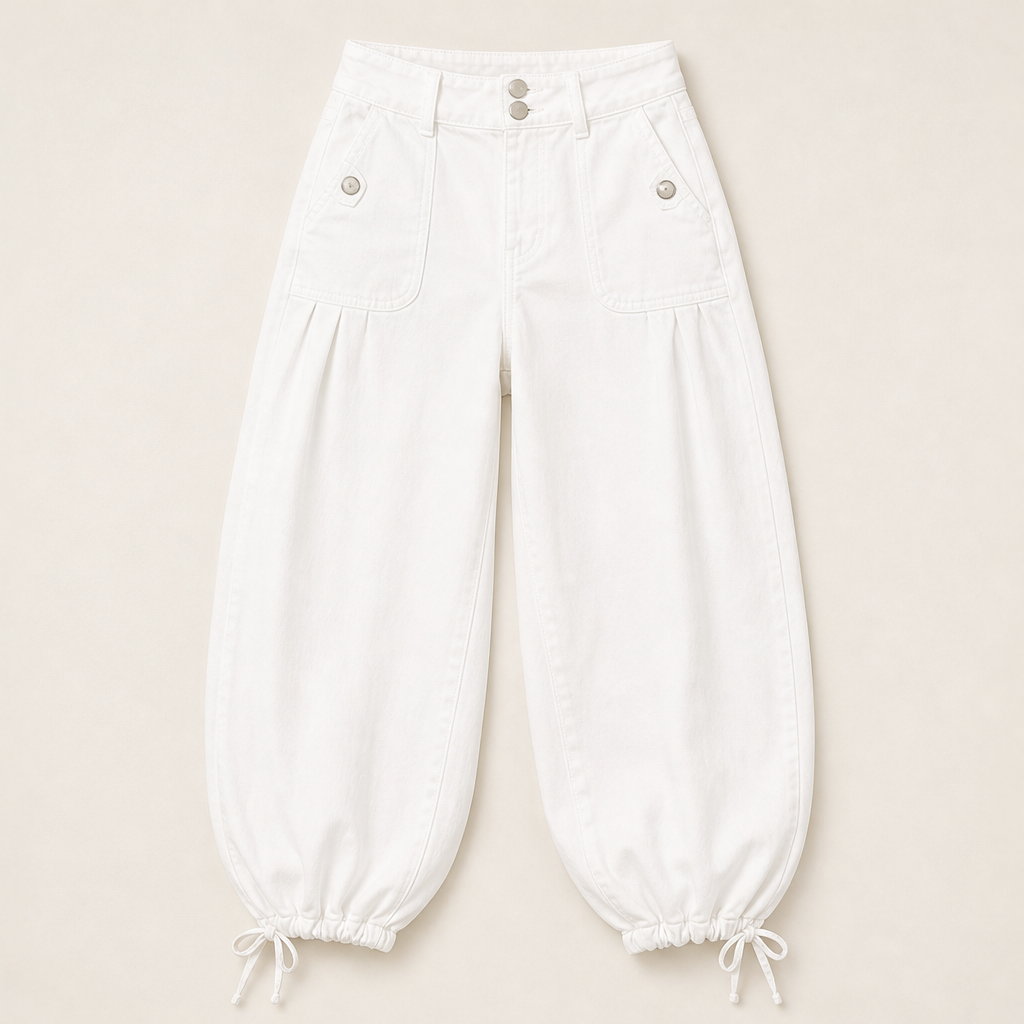 Barrelune – High Waisted Stretch Barrel Jeans with Tie Ankle Hem + 50% OFF White