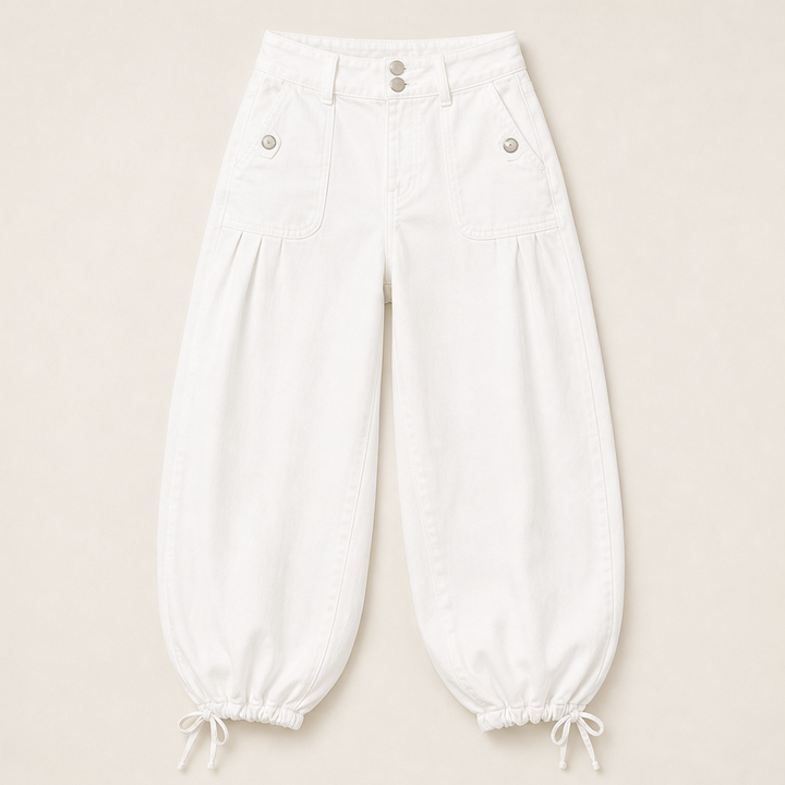 Barrelune – High Waisted Stretch Barrel Jeans with Tie Ankle Hem + 50% OFF White