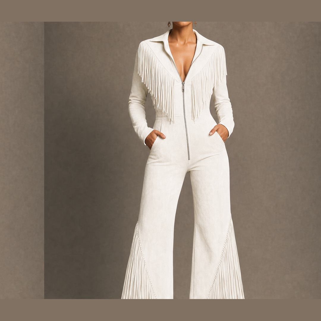 Sagebrush – Western Fringe Faux Suede Zip-Up Jumpsuit + 50% OFF Ivory
