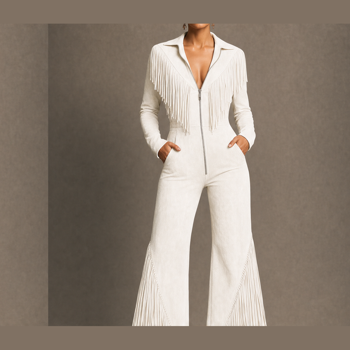 Sagebrush – Western Fringe Faux Suede Zip-Up Jumpsuit + 50% OFF Ivory