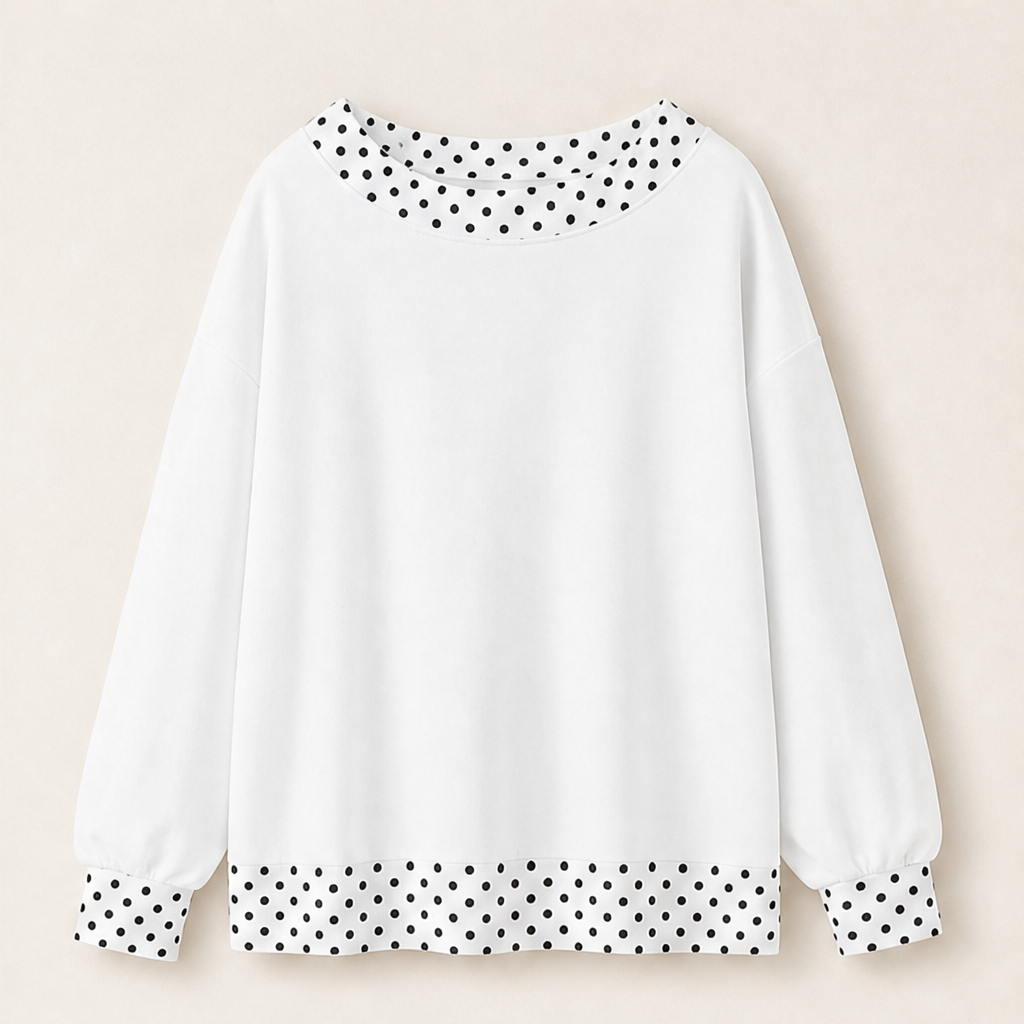Fernbay – Oversized Polka-Dot Trim Color Block Pullover Top + 50% OFF White