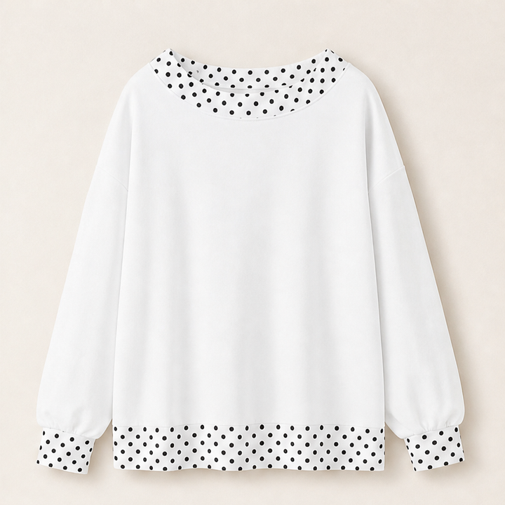 Fernbay – Oversized Polka-Dot Trim Color Block Pullover Top + 50% OFF White