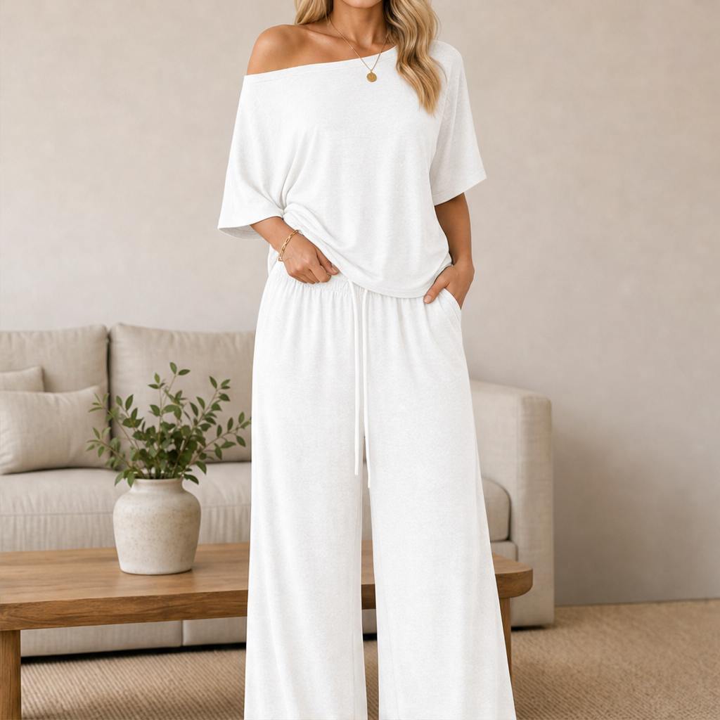 Cloudmere – Off-Shoulder Top &amp; Wide-Leg Pants Lounge Set + 50% OFF White