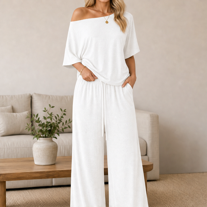 Cloudmere – Off-Shoulder Top &amp; Wide-Leg Pants Lounge Set + 50% OFF White