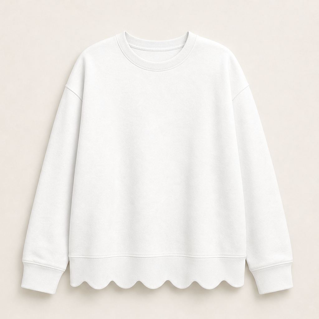 Wavella – Scalloped Hem Oversized Crew Sweatshirt + 50% OFF White