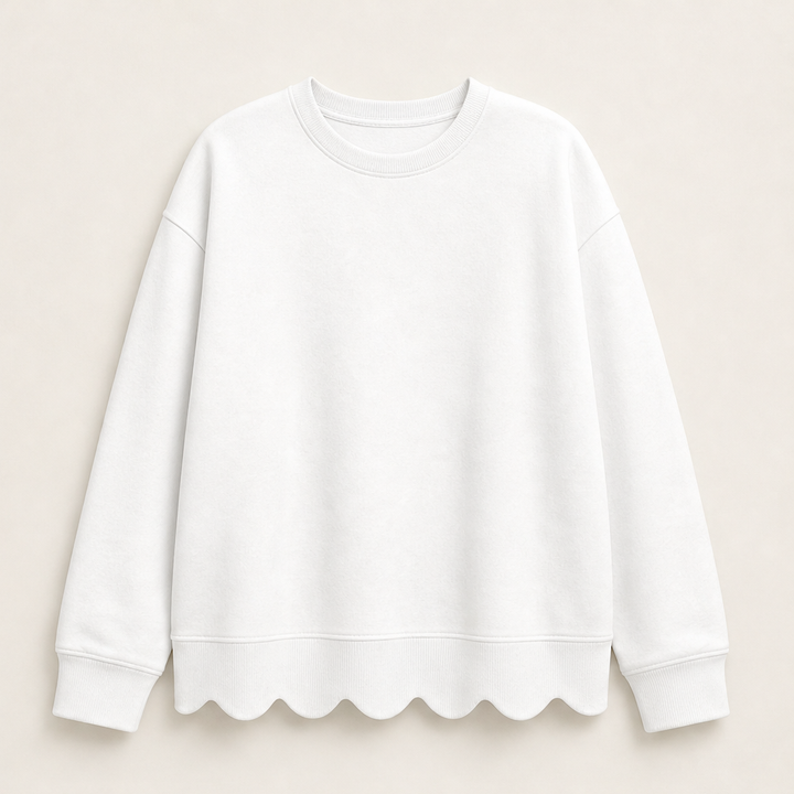 Wavella – Scalloped Hem Oversized Crew Sweatshirt + 50% OFF White