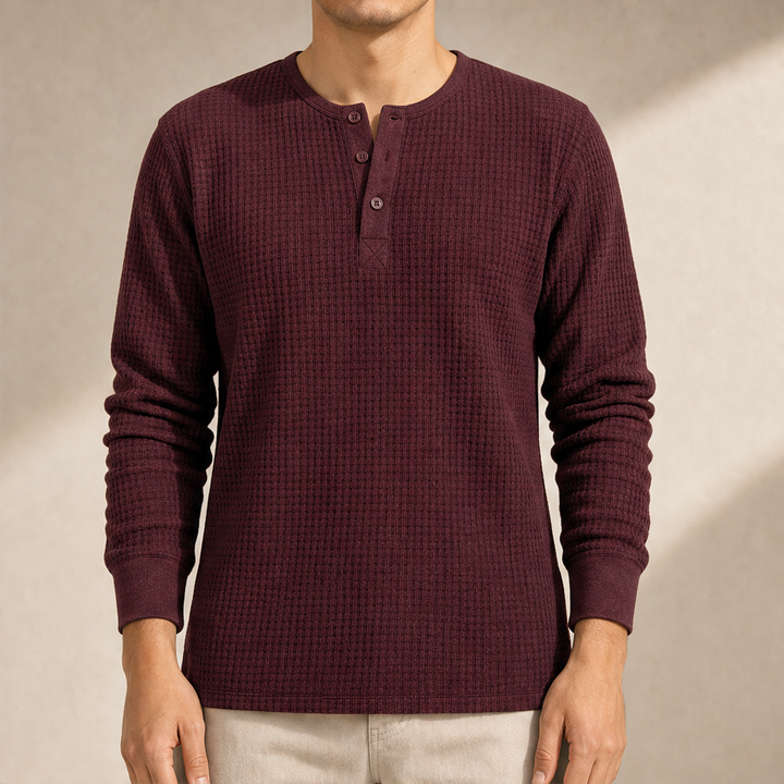 Ashcroft Mill – Waffle Knit Long Sleeve Henley Shirt + 50% OFF Burgundy