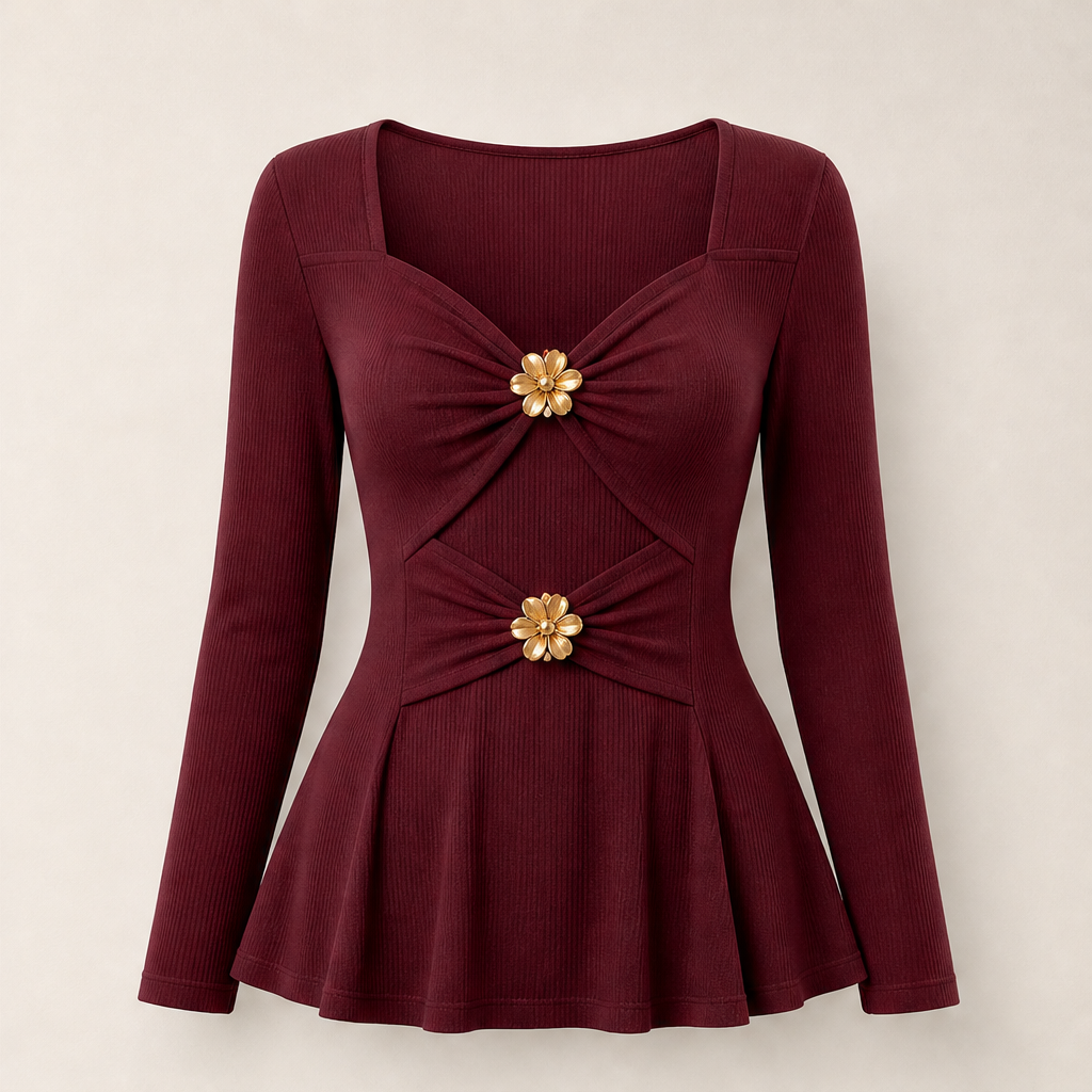 Fleurmont – V-Neck Peplum Top with Metallic Flower Accents + 50% OFF Burgundy